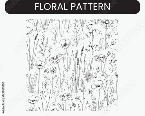 Set of universal hand drawn floral template for cover. Home decor, backgrounds, cards. Children abstract and floral design in doodle style. Vector illustration and seamless pattern