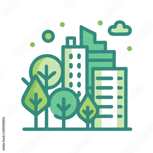 Stylized city skyline with green trees and whimsical polka dots on a black background