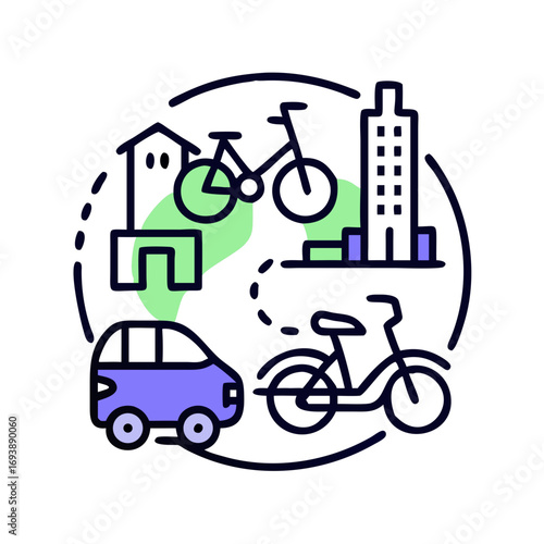 Sustainable urban transport options including car, bike, and infrastructure in a cityscape