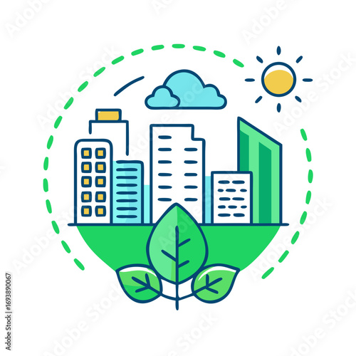Green Cityscape with Leaves and Sun Design: Sustainable Urban Environment Concept Illustration