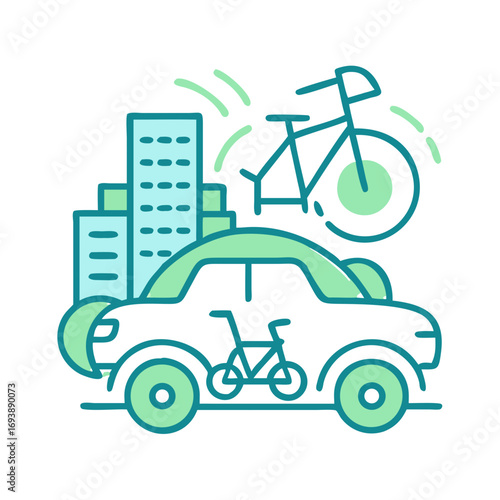Illustration of Sustainable Urban Transportation Featuring a Car, Bicycle and City Skyline
