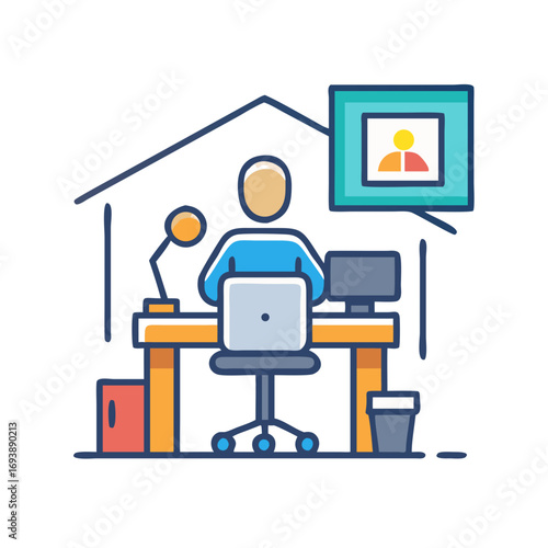 Person working from home with laptop, video call, desk lamp, vector illustration