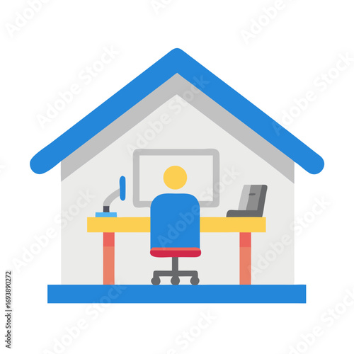 Work from home flat design icon showcasing remote work setup and office equipment