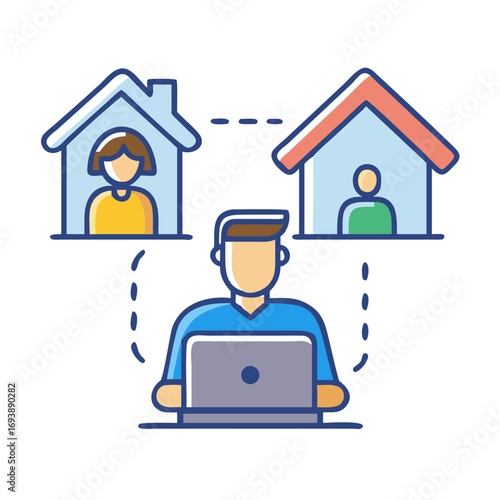 Remote Work Flat Illustration Connecting People from Their Homes Using Technology