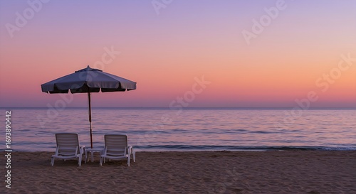 A sunset scene with two empty white lounge chairs under a simple gray umbrella, facing a calm, deep blue ocean. The sand is a soft beige and the sky is a vibrant gradient of orange, pink, and purple. 