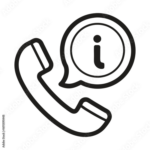 A simple phone information icon with a speech bubble is isolated on a white background, perfect for customer support call and communication designs. 