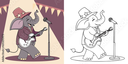 Cartoon elephant playing guitar on stage with microphone