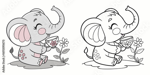 Cute cartoon elephant holding a teacup with flowers