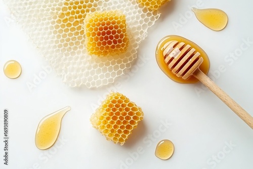 Minimalistic flat lay of honeycombs and wooden dipper on white background