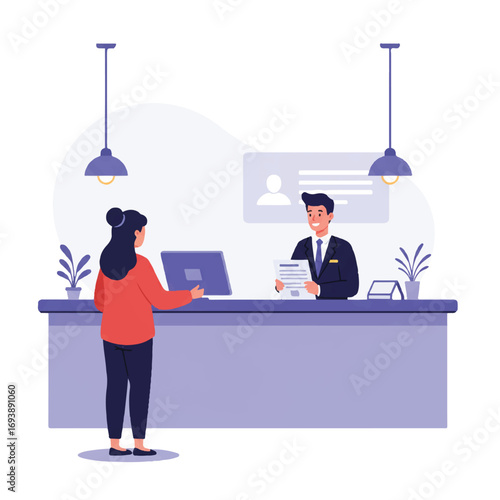 A cheerful government clerk in a modern office, a flat 2D vector illustration, is assisting a diverse person holding a form at a clean counter, on a white background.