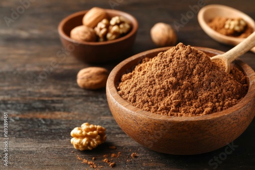 Rustic cocoa powder bowl with walnuts on wooden table, featuring Concept of spices and condiments, nutmeg