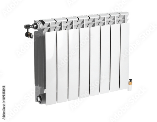 A car radiator with multiple fins, isolated on a white background, automotive component.