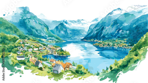 Geirangerfjord. Geirangerfjord watercolor vector illustration