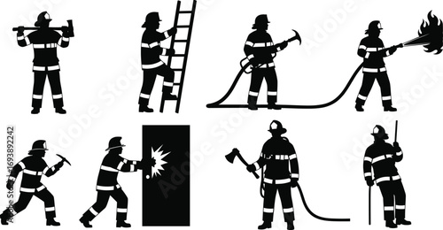 Firefighter Silhouettes in Action, Emergency Response, Rescue Team, Firefighting Gear, Heroic Duty, Safety Equipment