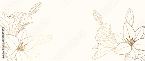 Gold lily flower hand drawn on beige background vector. Natural botanical elegant floral with gold line art. Luxury illustration for decoration, wall decor, wallpaper, cover, banner, package, card.