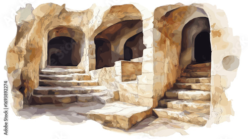 Hal Saflieni Hypogeum. Hal Saflieni Hypogeum watercolor vector illustration