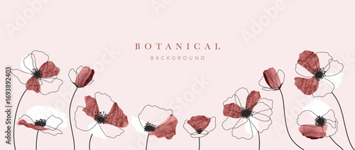 Red flower hand drawn on pink background vector. Natural botanical elegant floral with black line art and watercolor texture. Luxury illustration for wall decor, wallpaper, cover, banner, package.