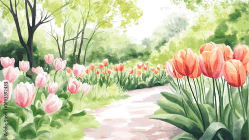 Keukenhof Gardens. Keukenhof Gardens watercolor vector illustration
