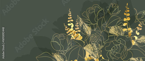 Gold rose flower hand drawn on green background vector. Natural botanical elegant floral with gold line and watercolor texture. Luxury illustration for wall decor, wallpaper, cover, banner, package.