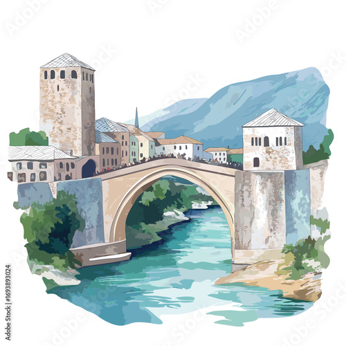 Stari Most. Stari Most watercolor vector illustration