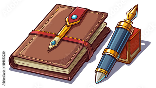 Luxury pen set, metallic fountain pen with leather notebook, presented inside velvet case, cartoon vector illustration, isolated on white background, minimal flat design, smooth clean lines.