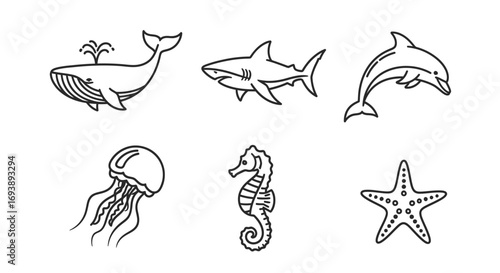 A collection of six distinct marine animal illustrations in a simple black and white line art style.