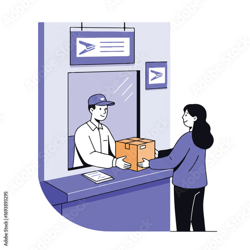 A friendly postal worker efficiently hands a package to a happy customer at a service window in a busy post office, depicted in a clean 2D flat vector illustration style.