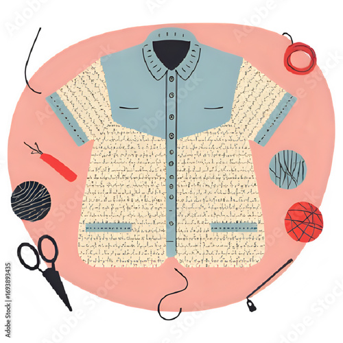 Illustration of a light blue and cream-colored shirt with sewing tools, yarn, and thread against a pink background.