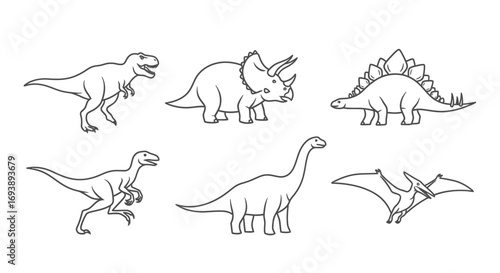 A collection of six different dinosaur illustrations in a simple line art style.