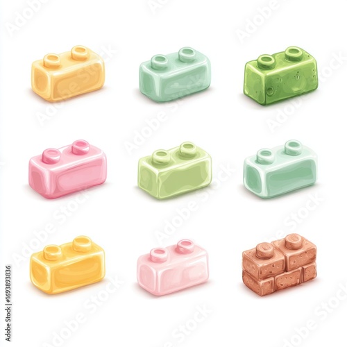 Colorful set of building blocks and legos arranged on a white background for creative play and construction activities