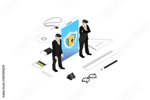 Isometric Secure Data Protect. 3D Vector Set Privacy Protection Antivirus Data Security Cryptography Online Firewall Bodyguard Smartphone spectre meltdown Safety Internet Security Infographic 