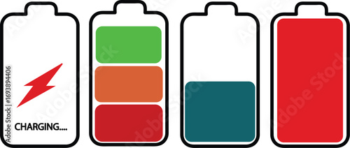 Battery charging icons set with  energy levels in green, orange, teal, and red plus lightning bolt symbol. Modern vector style for power, electricity, and technology themes. Perfect for apps