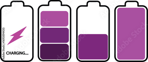 Battery charging icons set with purple energy levels and lightning bolt design. Stylish vector illustration for electricity, digital power, and technology concepts. Perfect for apps, web, and modern g