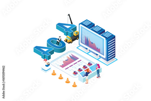 Modern isometric Website under construction with 404 error. Can use for web banner, infographics, hero images. Flat isometric vector illustration isolated on white background.