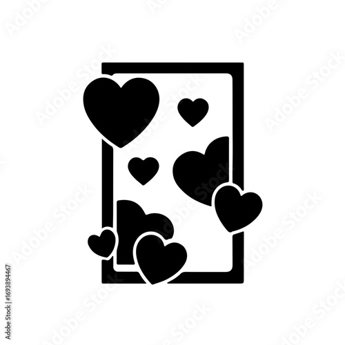 A heartfelt and nostalgic black and white icon of a photo frame containing several hearts of different sizes. This elegant vector graphic is a powerful visual symbol for cherishing memories and love