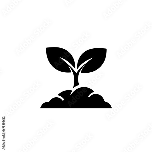 A clean, minimalist black and white icon of a fresh plant sprout pushing through the soil. This simple vector graphic perfectly captures the essence of new beginnings, growth, and hope