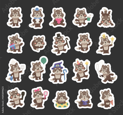 Wolf character set in scandinavian style with adorable poses and emotions including birthday, valentine, tricks, cooking, sleeping, reading, singing, sport, and holiday celebrations