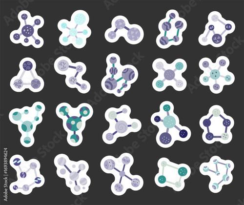 Molecule set in scandinavian style showing different models with particle connections for laboratory experiment research education discovery innovation knowledge science atom chemistry physics