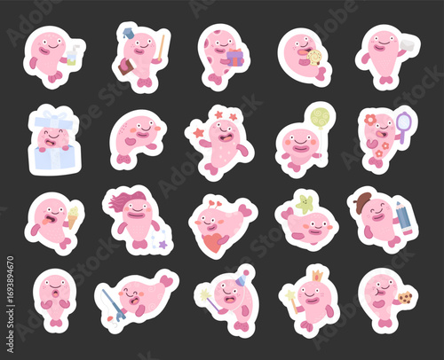 Blobfish character set in scandinavian style showing different emotions and poses with holiday, celebration, birthday, magic, teacher, study, fishing, fashion, dessert, beverage, valentine