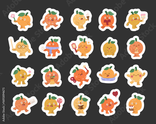 Orange character set in scandinavian style showing many different emotions and poses with food, dessert, holiday, valentine, studying, fairy, celebration, resting, swimming, birthday