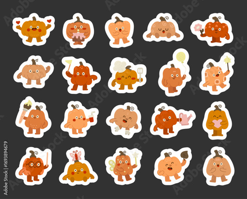 Pumpkin character set in scandinavian style showing different emotions and poses with birthday, holiday, celebration, valentine, cooking, studying, painting, gardening, sport, magic, and victory