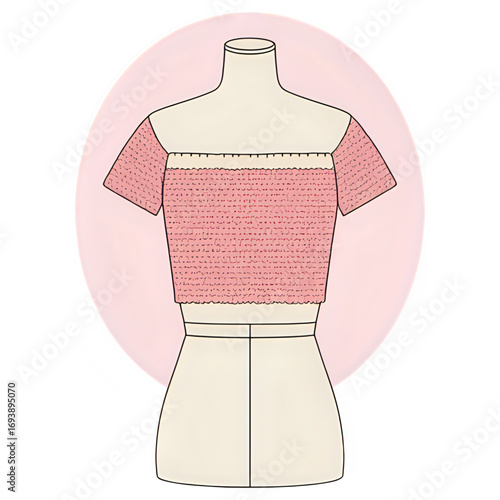 A fashion design illustration of a pink off-the-shoulder crop top on a mannequin.