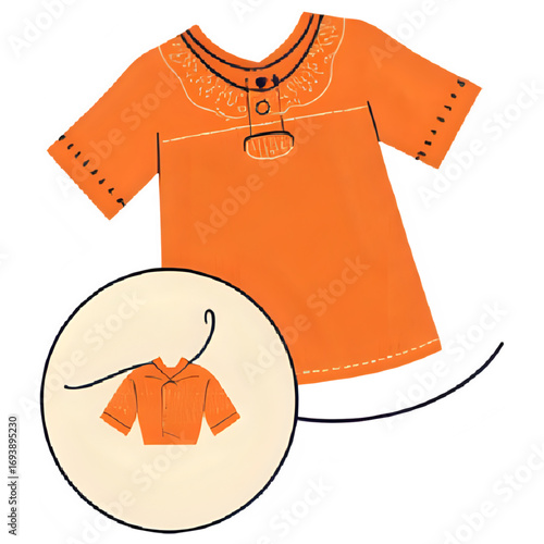 Orange short-sleeved shirt sewing pattern with detailed instructions.
