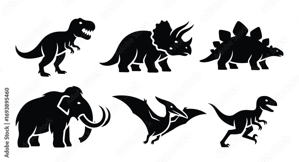 Naklejka premium Silhouette illustration of various prehistoric creatures, including dinosaurs and a mammoth.