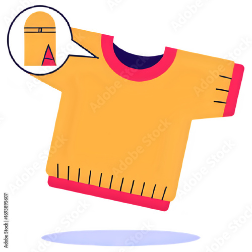 A mustard-yellow short-sleeved shirt with a red trim, shown with a speech bubble illustrating its packaging.