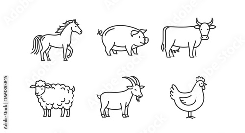 Line art drawings of farm animals.
