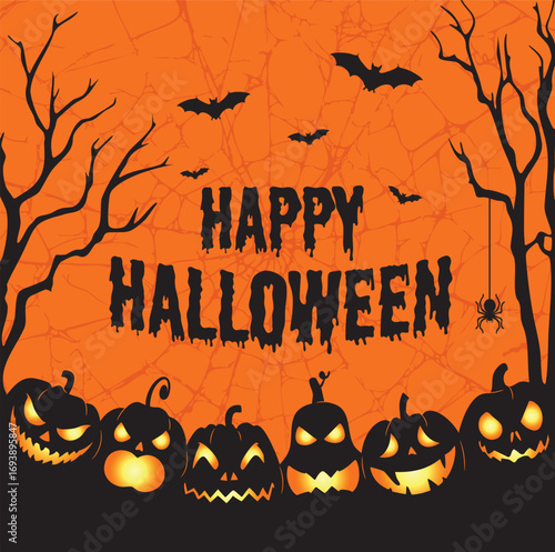 Happy Halloween Vector Illustration with Pumpkins and Bats.
