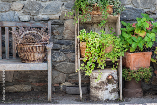 exterior decor of a house with plant potted a bench in front of a stone wall