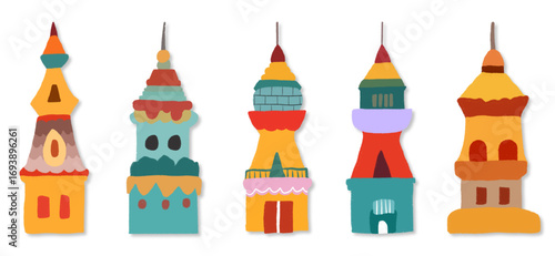 Colorful Fantasy Towers, Whimsical Hand-drawn Castles.