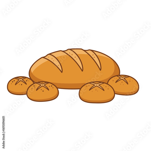 Freshly baked bread loaf and rolls perfect for bakery shops, food blogs, cooking publications, and culinary advertisements. Delicious and tempting.